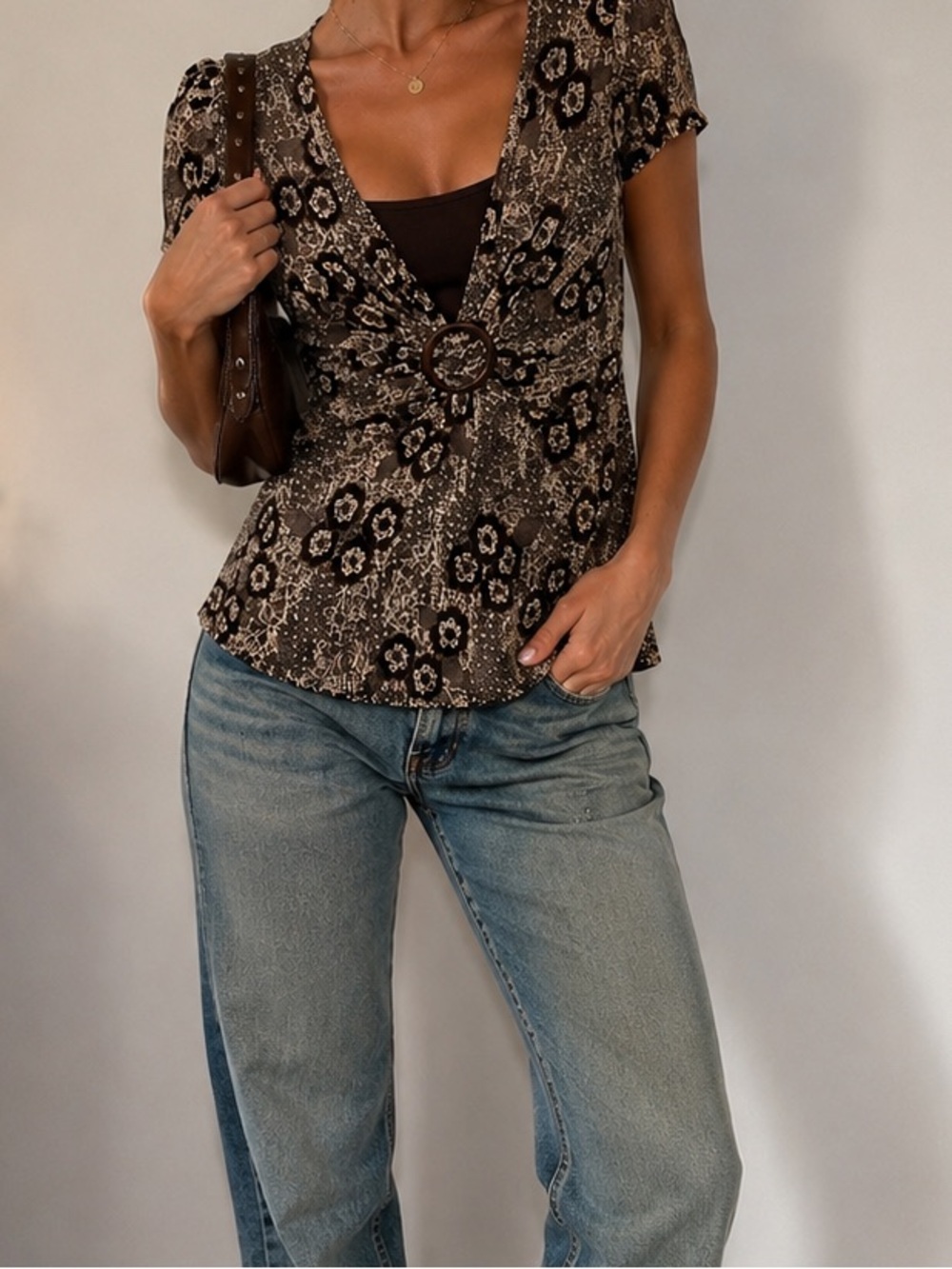 Forever 21 Y2K Animal Print Buckle Front Top Brown Short Sleeve Blouse Coquette